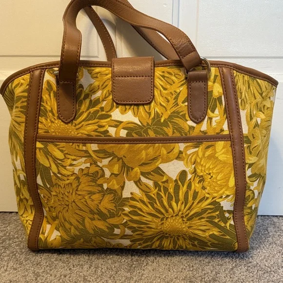 Isaac Mizrahi Floral Yellow Floral Canvas Tote Bag with Leather Trim and Straps - Picture 3 of 6
